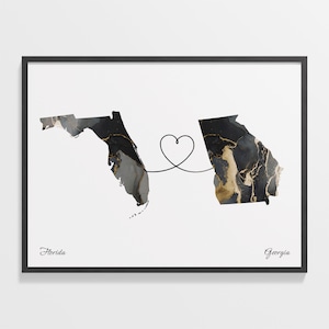 Print Florida naar Georgia, Georgisch cadeau, marmer twee landen kaart poster, reiskunst, emigratiecadeau, C22-1309