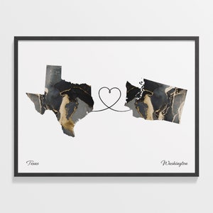 Texas to Washington Print, Washingtonian Gift, Marble Two Countries Map Poster, Travel Art, Far Apart Map, C22-1295