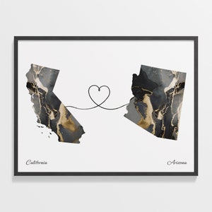 California to Arizona Print, Arizonan Gift, Marble Two Countries Map Poster, Travel Art, Farewell Gift, C22-1198