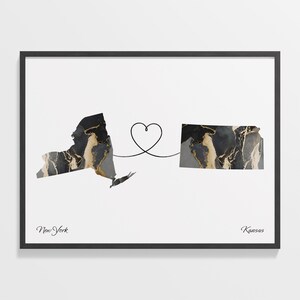 New York to Kansas Print, Kansan Geschenk, Marmor zwei Länder Karte Poster, Travel Art, Umzugskarte, C22-1367