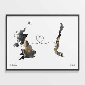 Großbritannien nach Chile Druck, chilenisches Geschenk, Marmor zwei Länder Karte Poster, UK Wandkunst, im Ausland Studieren, C22-236