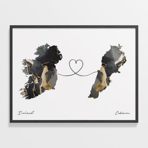 Irland Libanon Druck, Lettische Geschenk, Marmor zwei Länder Karte Poster, Reisekunst, Far Apart Geschenk, C22-1096
