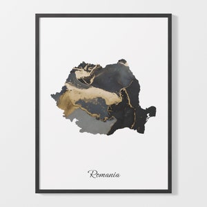 Rumänien Art Print, rumänische Karte Poster, elegantes Landkarte, schwarz und gold RO Painting, goldfarbene und schwarze Karte, C25-151