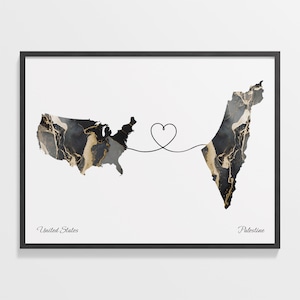 USA to Palestine Print, Palestinian Gift, Marble Two Countries Map Poster, US Wall Art, Goodbye Map, C22-140