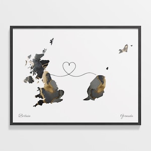 Britain to Grenada Print, Grenadian Gift, Marble Two Countries Map Poster, UK Wall Art, Moving Abroad Map, C22-269
