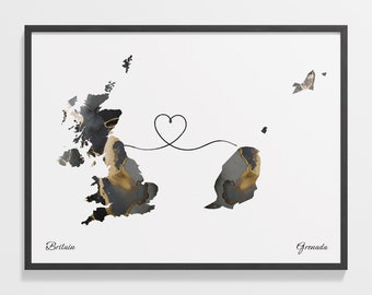 Britain to Grenada Print, Grenadian Gift, Marble Two Countries Map Poster, UK Wall Art, Moving Abroad Map, C22-269