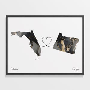 Long Distance Art, Florida Oregon Two-State Map Print with Heart Line