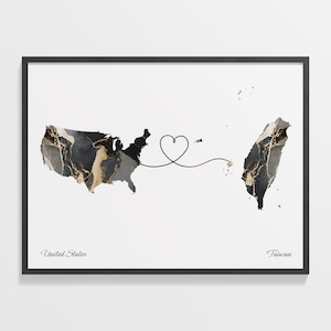 USA to Taiwan Print, Taiwanese Gift, Marble Two Countries Map Poster, US Wall Art, Moving Away, C22-177