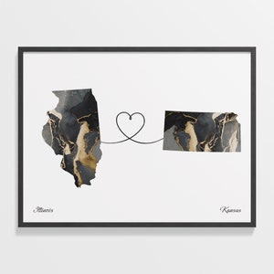 Illinois to Kansas Print, Kansan Gift, Marble Two Countries Map Poster, Travel Art, Home Abroad Gift, C22-1471