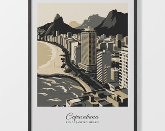 Retro Travel Poster, Copacabana Beach Art in Beige and Charcoal