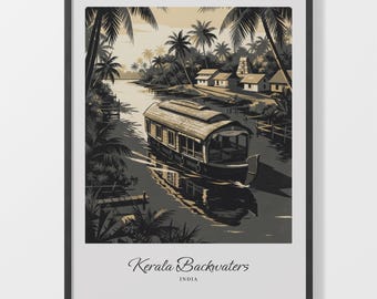 Kerala Art Print, Sepia Houseboat Poster with Retro Backwater Scene