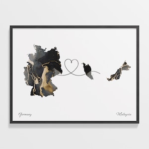 Germany to Malaysia Print, Malawian Gift, Marble Two Countries Map Poster, Travel Art, New Home Map, C22-509