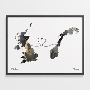 Britain to Norwegen Print, Norwegisch Geschenk, Marmor zwei Länder Karte Poster, UK Wandkunst, Auf Wiedersehen, C22-336