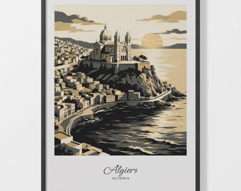 Algiers Poster, Beige Coastal Cityscape in Vintage Travel Style