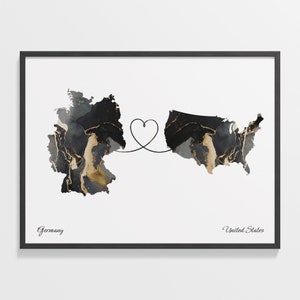 Germany to United States Print, British Gift, Marble Two Countries Map Poster, Travel Art, Borderless Love, C22-588
