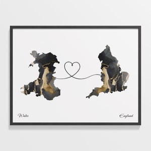 Print Wales naar Engeland, Engels cadeau, marmer twee landen kaart poster, reiskunst, verhuizen naar het buitenland, C22-1718