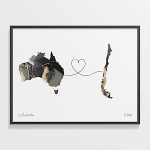 Australien Chile Druck, Tschad Geschenk, Marmor Zwei Länder Karte Poster, Reisekunst, Abschiedsgeschenk, C22-832