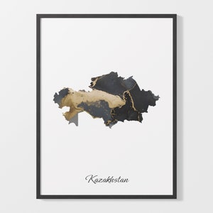 Kazakhstan Art Print, Kazakhstani Map Poster, Elegant Country Artwork, Black and Gold KZ Painting, Glamorous wall art, C25-94