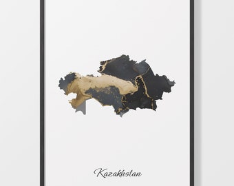 Kazakhstan Art Print, Kazakhstani Map Poster, Elegant Country Artwork, Black and Gold KZ Painting, Glamorous wall art, C25-94