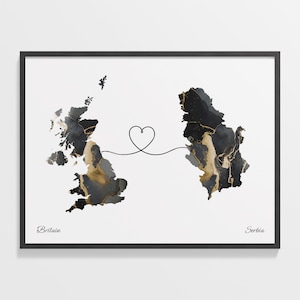 Großbritannien nach Serbien Druck, Serbische Geschenk, Marmor Zwei Länder Karte Poster, UK Wandkunst, Kontinentale Liebe Karte, C22-359