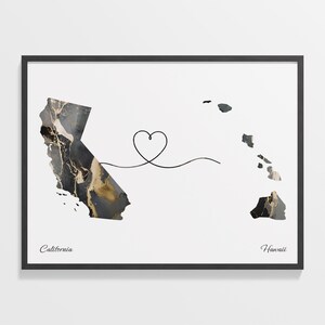 California to Hawaii Print, Hawaiian Gift, Marble Two Countries Map Poster, Travel Art, Travel, C22-1206