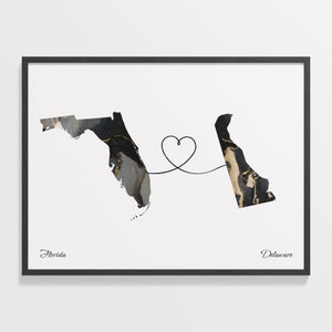 Florida nach Delaware Druck, Delawarean Geschenk, Marmor zwei Länder Karte Poster, Reisekunst, Reisekarte, C22-1307