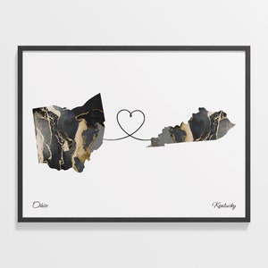 Ohio to Kentucky Print, Kentuckian Gift, Marble Two Countries Map Poster, Travel Art, Goodbye, C22-1524