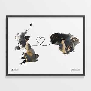 Impresión de Gran Bretaña a Lituania, regalo lituano, cartel de mapa de dos países de mármol, arte de la pared del Reino Unido, mapa lejano, C22-305