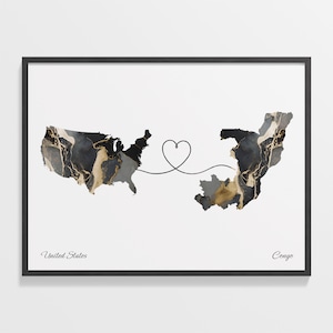 USA to Congo Print, Congolese Gift, Marble Two Countries Map Poster, US Wall Art, Goodbye Map, C22-41
