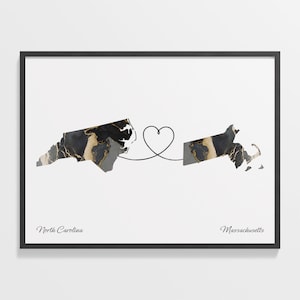 North Carolina bis Massachusetts Druck, Massachusetts Geschenk, Marmor zwei Länder Karte Poster, Reisekunst, Gap Jahr Geschenk, C22-1630