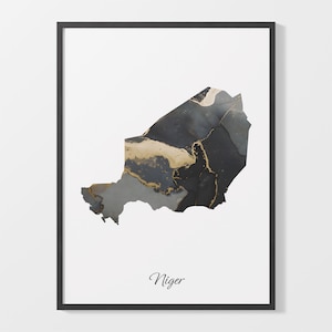 Niger Art Print, Nigerien Map Poster, Elegantes Land Kunstwerk, Schwarz und Gold Malerei, High-End Kartendruck, C25-134