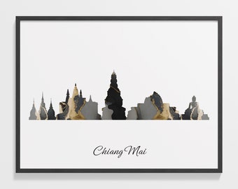 Chiang Mai Skyline Print: Black and Gold Marble Cityscape