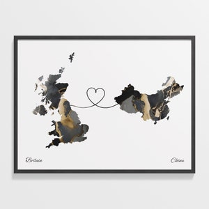 Britain to China Print, chinesisches Geschenk, Marmor zwei Länder Karte Poster, UK Wandkunst, Auf Wiedersehen, C22-237