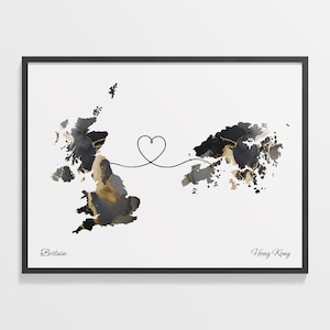 Britain to Hong Kong Drucken, Hong Konger Geschenk, Marmor zwei Länder Karte Poster, UK Wandkunst, Umzugskarte, C22-278