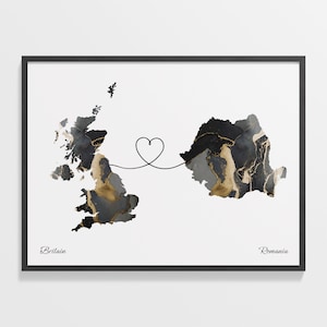 Großbritannien, Rumänien Geschenk, Marmor Zwei Länder Karte Poster, UK Wandkunst, Digitale Nomaden Karte, Geschenk für Sie, C22-350