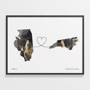 Illinois to North Carolina Print, North Carolinian Gift, Marble Two Countries Map Poster, Travel Art, Countries Heart, C22-1482