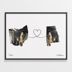 Ohio naar Alabama print, Alabamian cadeau, marmer twee landen kaart poster, reiskunst, emigratiekaart, C22-1508