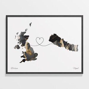 Großbritannien nach Nepal Druck, nepalesische Geschenk, Marmor zwei Länder Karte Poster, UK Wandkunst, Expat Geschenk, C22-328