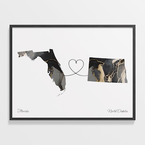 Print Florida naar North Dakota, North Dakotan cadeau, marmer twee landen kaart poster, reiskunst, afscheidscadeau, C22-1327