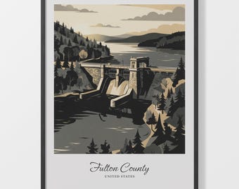 Fulton County Poster, Dam Illustration in Muted Black and Beige