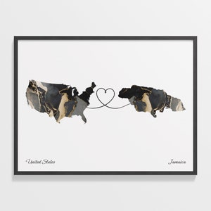 Impresión de EE. UU. a Jamaica, regalo jamaicano, póster de mármol con mapa de dos países, arte mural de EE. UU., amor global, siglos XX-XIX
