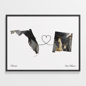 Print Florida naar New Mexico, Nieuw Mexicaans cadeau, marmer twee landen kaart poster, reiskunst, kaart wonen in het buitenland, C22-1331