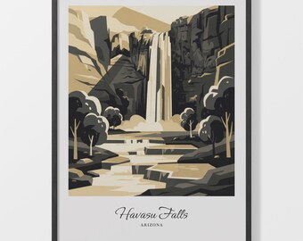 Waterfall Poster, Havasu Falls Arizona Landscape Print in Black and Beige