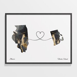 Illinois to Rhode Island Print, Rhode Islander Gift, Marble Two Countries Map Poster, Travel Art, Farewell Gift, C22-1495
