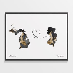 Michigan to New Jersey Print, New Jerseyan Gift, Marble Two Countries Map Poster, Travel Art, Farewell Map, C22-1694
