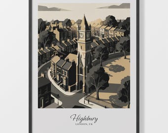 Giclée Art Print of Highbury London, Black Beige City Illustration