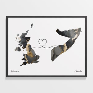 Britain to Somalia Print, Somali Geschenk, Marmor Zwei Länder Karte Poster, UK Wandkunst, Umzug ins Ausland, C22-366
