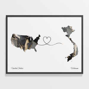USA Vietnam Druck, Vietnamesisch Geschenk, Marmor zwei Länder Karte Poster, US Wandkunst, Länder Herz, C22-195