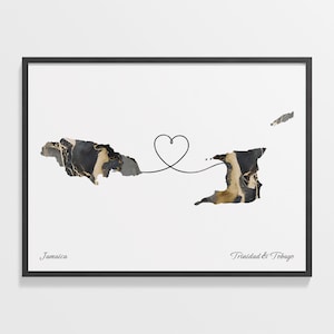 Black Gold Artwork, Jamaica & Trinidad Tobago Map Design with Heart Line