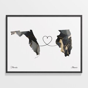 Florida naar Illinois print, Illinoisan cadeau, marmer twee landen kaart poster, reiskunst, vriendschapskaart, C22-1313